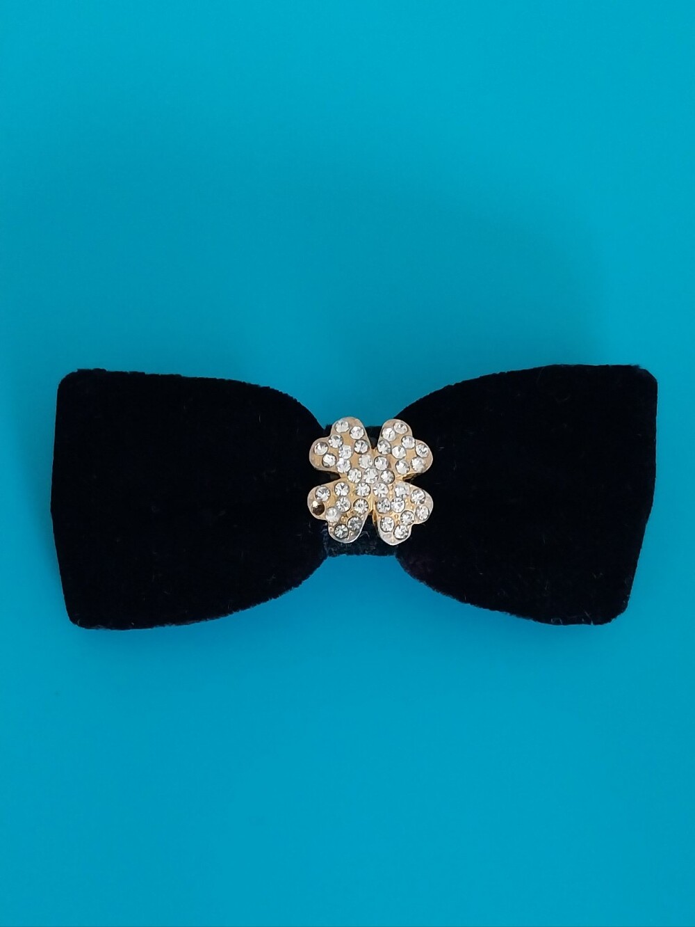 Black Velvet Bow Hair Clip with Gold Crystal Flower Accent